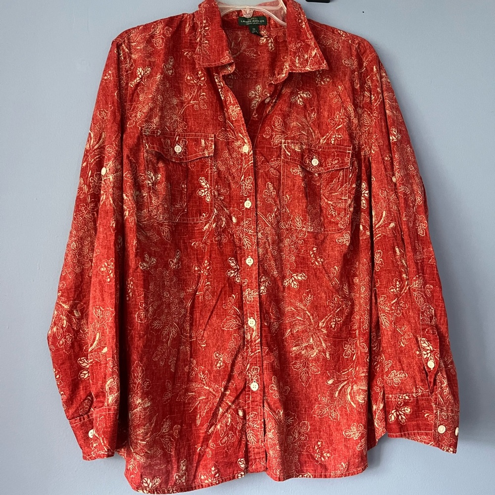 LRL Jeans Co Ralph Lauren Button Down Shirt Printed 2X Roll Tab Sleeve